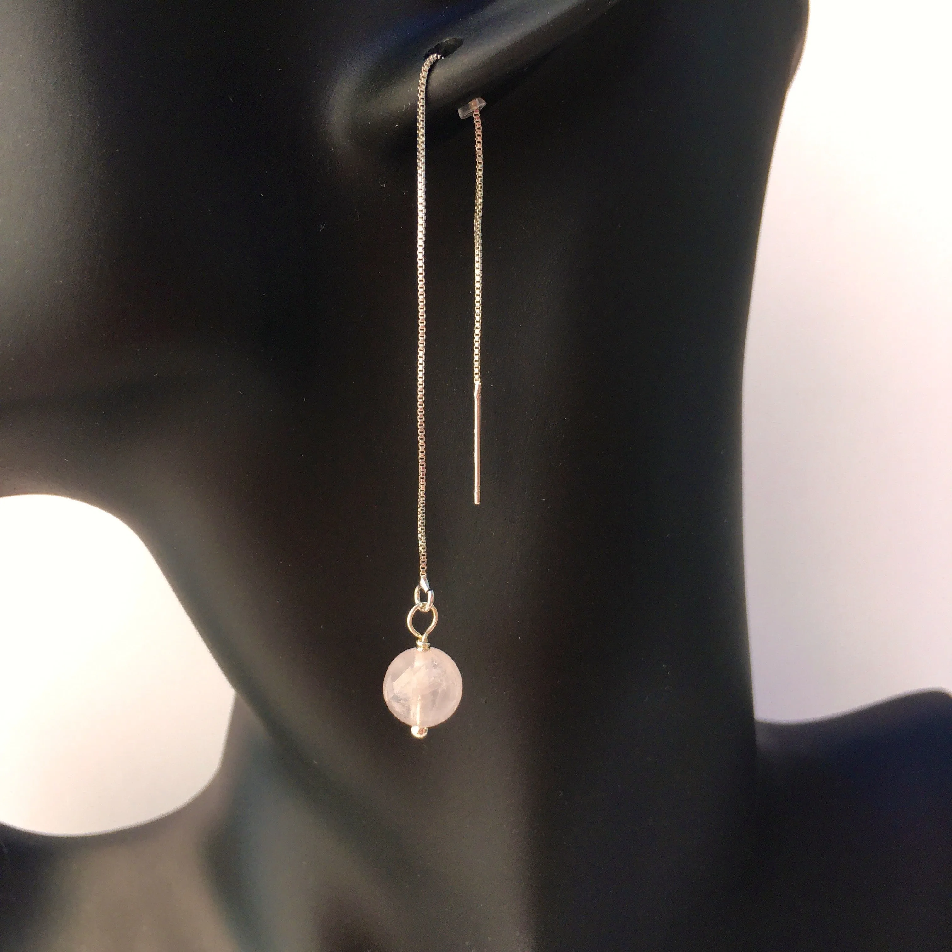 Genuine Rose Quartz Silver Plated Threader Earrings, Pair