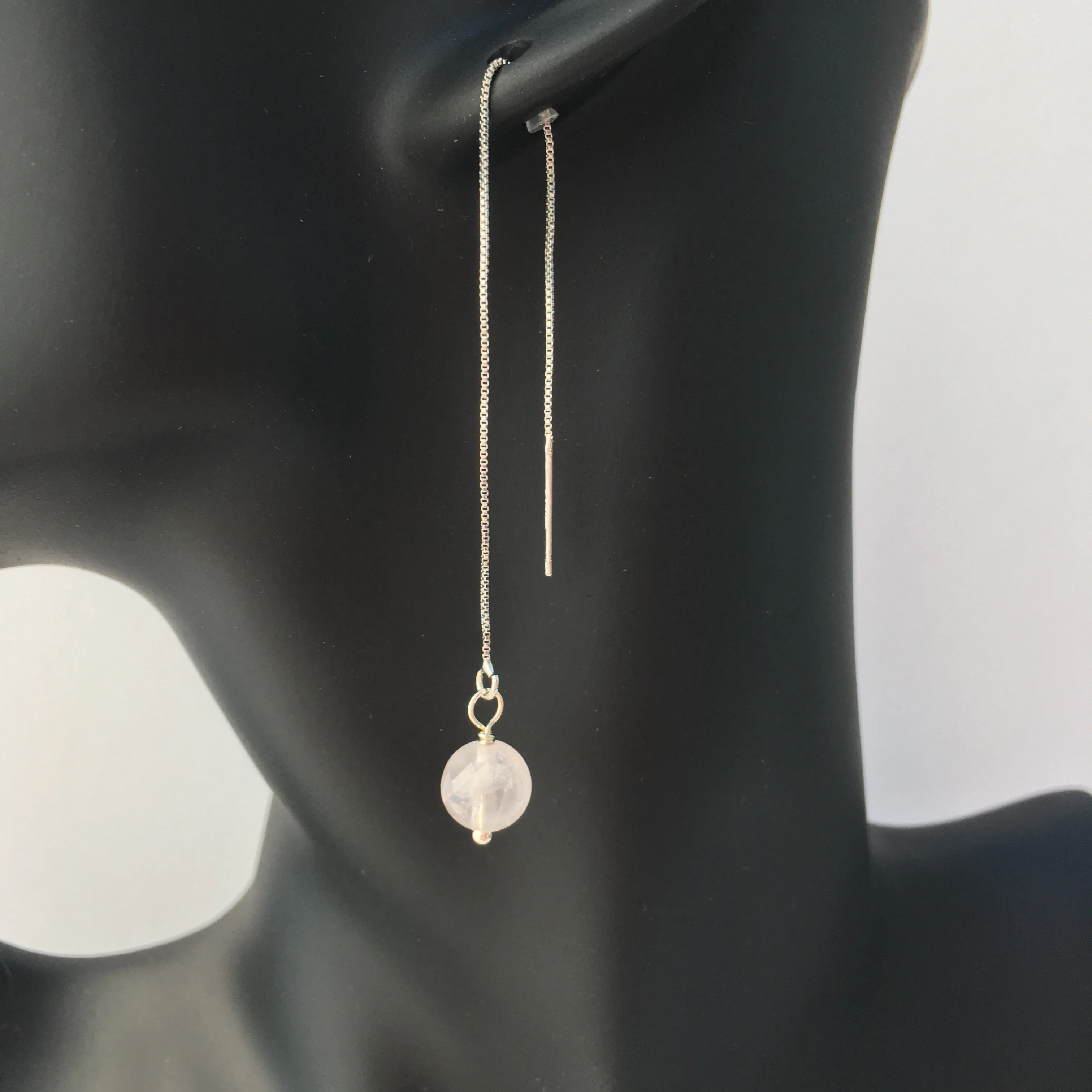 Genuine Rose Quartz Silver Plated Threader Earrings, Pair