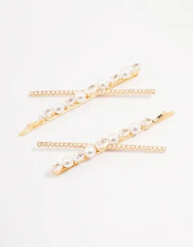 Gold Pearl & Crystal Cross Hair Clip 2-Pack