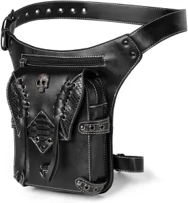 Gothic Waist Bag Fanny Pack Leather Steampunk Bag Purse Chain Leg Bag Crossbody Shoulder Messenger Hip Pouch (Black 038)