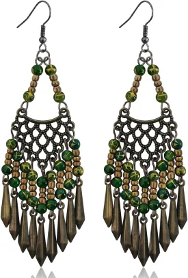 Handmade Vintage Bronze Bohemian Long Tassel Colorful Bead Dangle Drop Earrings Big Tribal Chandelier Geometry Hook Earrings for Women Statement Jewelry Gifts