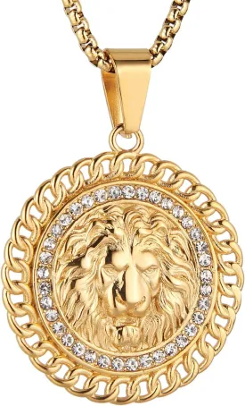 HZMAN 18K Gold Plated Lion Head Necklace Pendant for Men Stainless Steel Hip Hop Rock Lion King Necklaces Charm Animal Amulet Jewelry