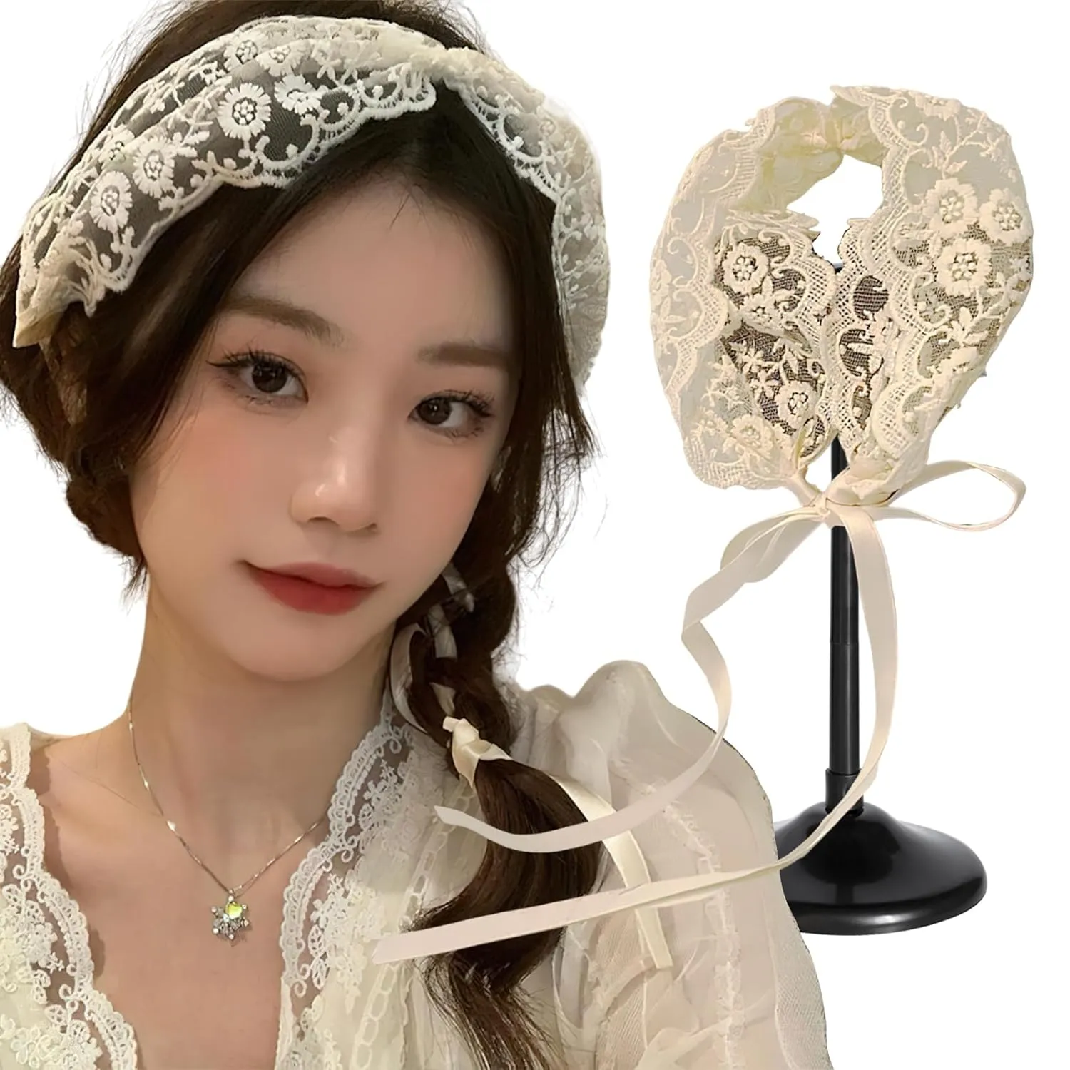 Lace Flower Headbands for Women Girls Headpiece White Wide Headbands with Bows Streamers Lace Hairbands Ribbon Headwrap Hair Accessories for Wedding Birthday Party Photography Accessory
