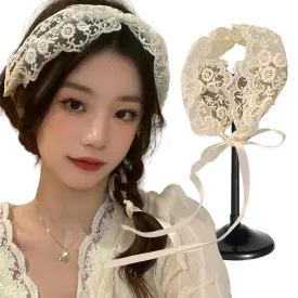 Lace Flower Headbands for Women Girls Headpiece White Wide Headbands with Bows Streamers Lace Hairbands Ribbon Headwrap Hair Accessories for Wedding Birthday Party Photography Accessory