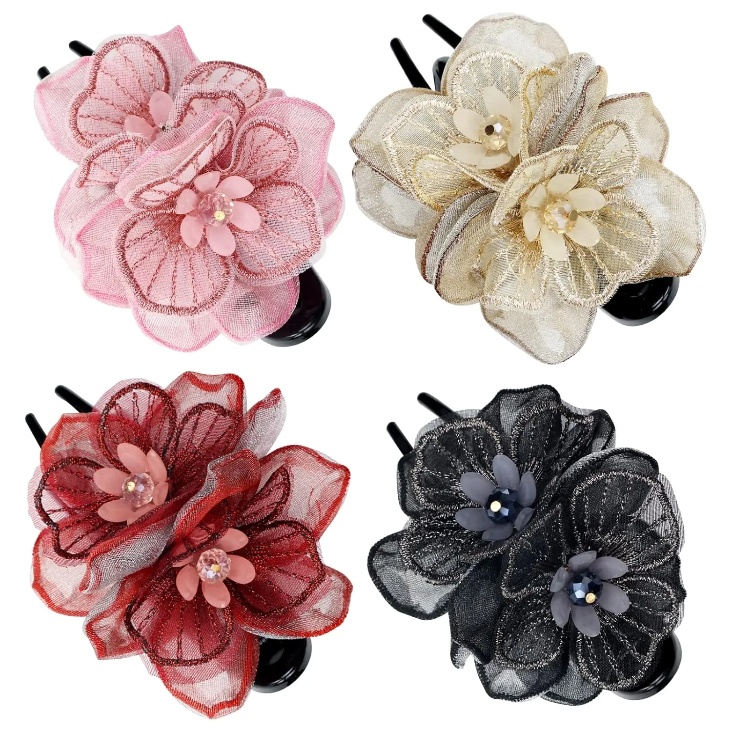 Lawie 4 Pack Mesh Embroidery Flower Duckbill Plastic Hair Clips Claw Barrettes Hairgrips Bun Twist Hairclips Ponytail Hair Holder Accessories Hair Flower for Women Girls