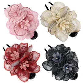 Lawie 4 Pack Mesh Embroidery Flower Duckbill Plastic Hair Clips Claw Barrettes Hairgrips Bun Twist Hairclips Ponytail Hair Holder Accessories Hair Flower for Women Girls