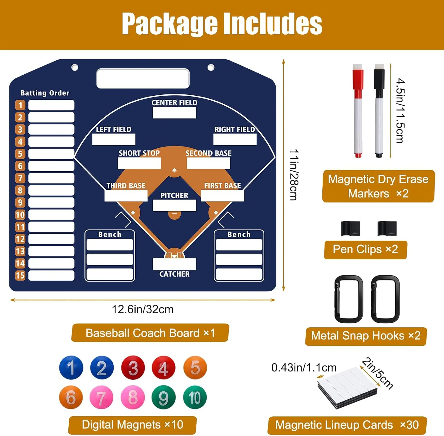 Magnetic Baseball Coach Clipboard, Double-Sided Dry Erase Baseball Lineup Board for Softball Dugout Board Baseball Coaching Board with 30 Lineup Card/ 10 Magnet/2 Marker/2 Hook