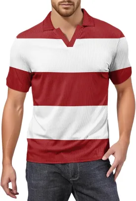 Men's Polo Shirts Short Sleeve V Neck Vintage Striped Casual Golf Polo Classic Collared T Shirts