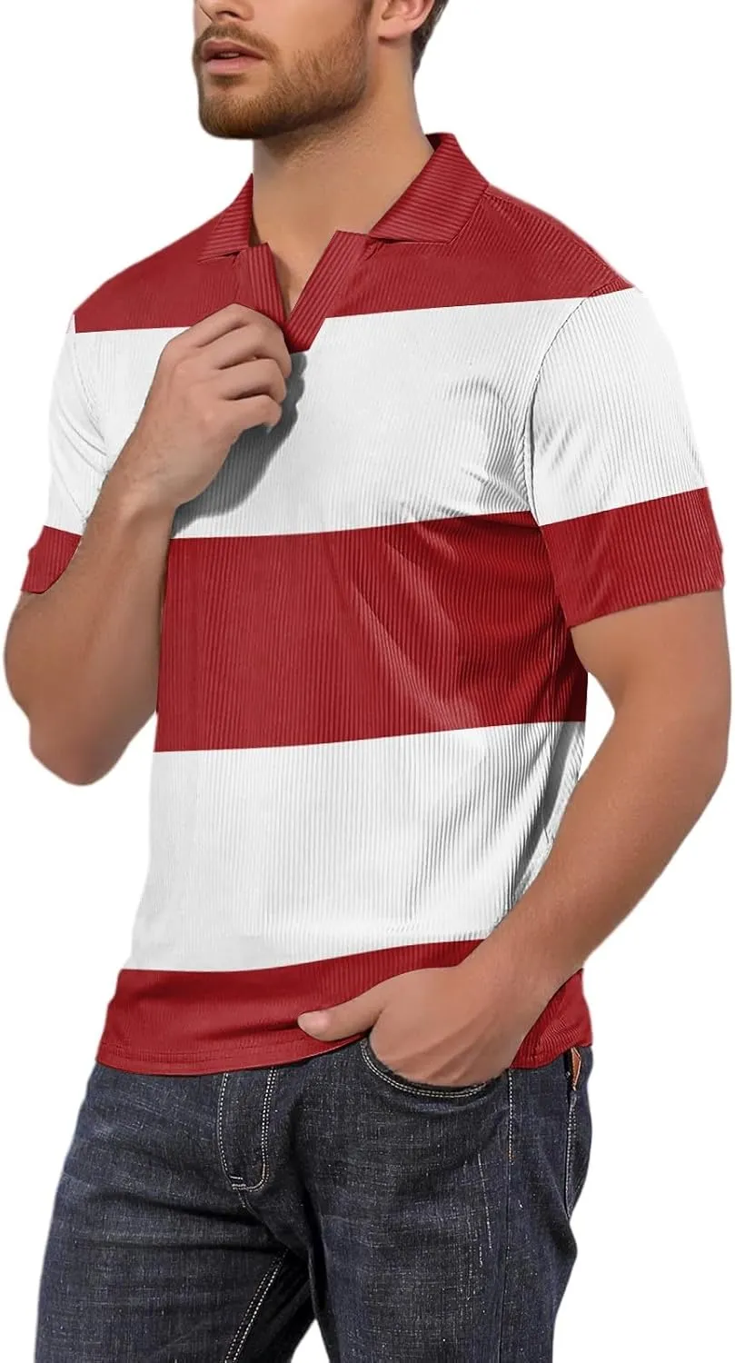 Men's Polo Shirts Short Sleeve V Neck Vintage Striped Casual Golf Polo Classic Collared T Shirts