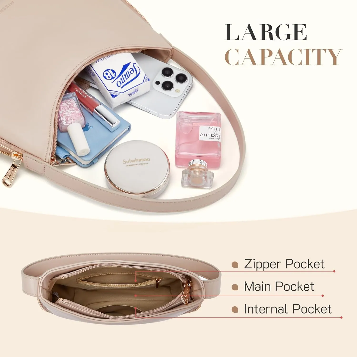 Missnine Shoulder Bag for Women Small Purse with Expansion Zipper Crescent Clutch Purse Vegan Leather Hobo Bag Trendy Handbag