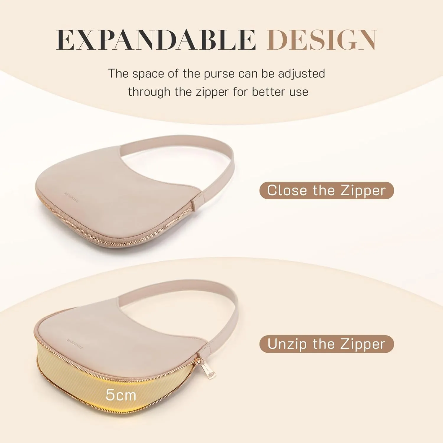 Missnine Shoulder Bag for Women Small Purse with Expansion Zipper Crescent Clutch Purse Vegan Leather Hobo Bag Trendy Handbag
