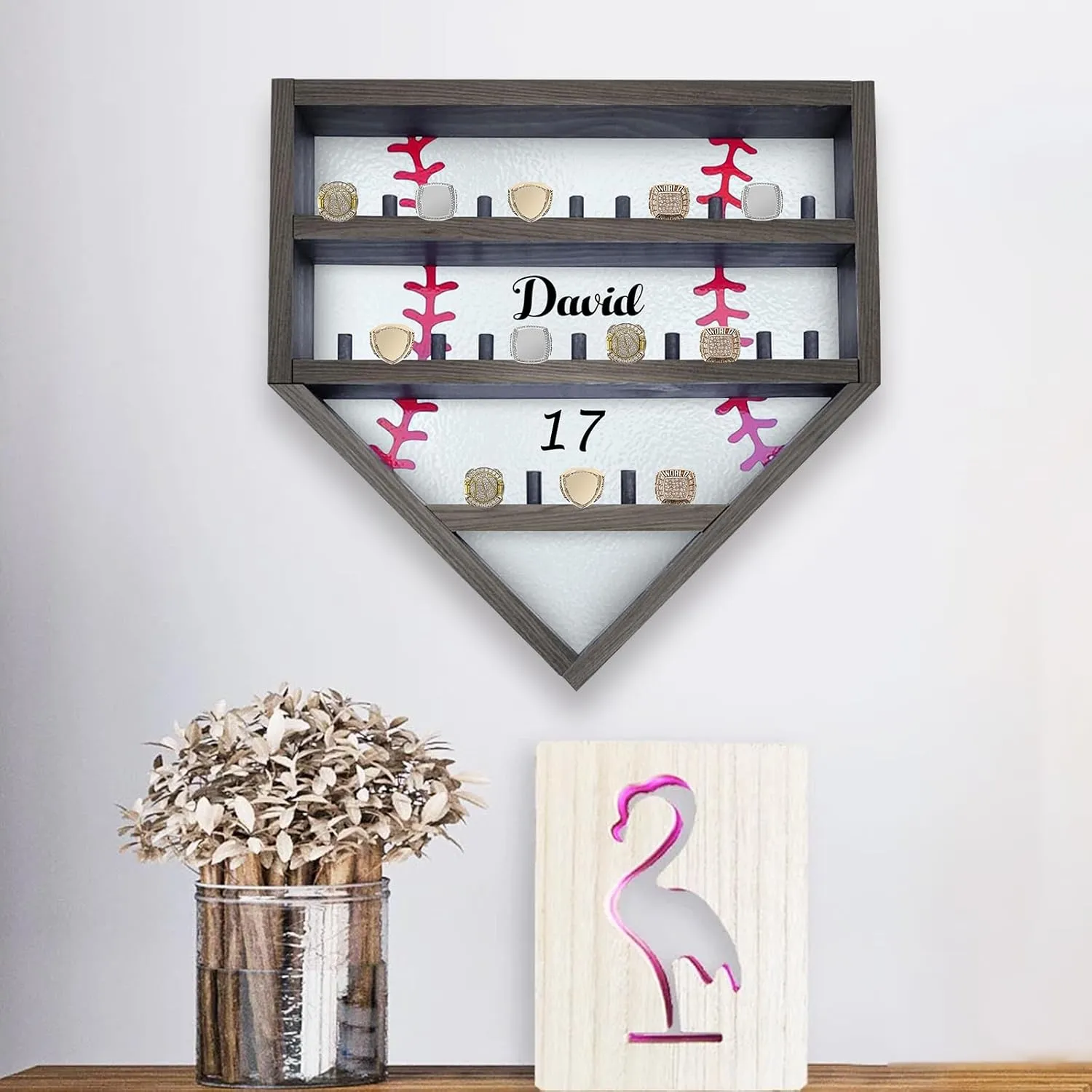 Personalized Ring Display Case Custom Name Number Baseball Softball Championship Ring Storage Stand, Wood Medal Wall Mount Display Holder for Trophy & Medal Gift Display Case for Men Dad