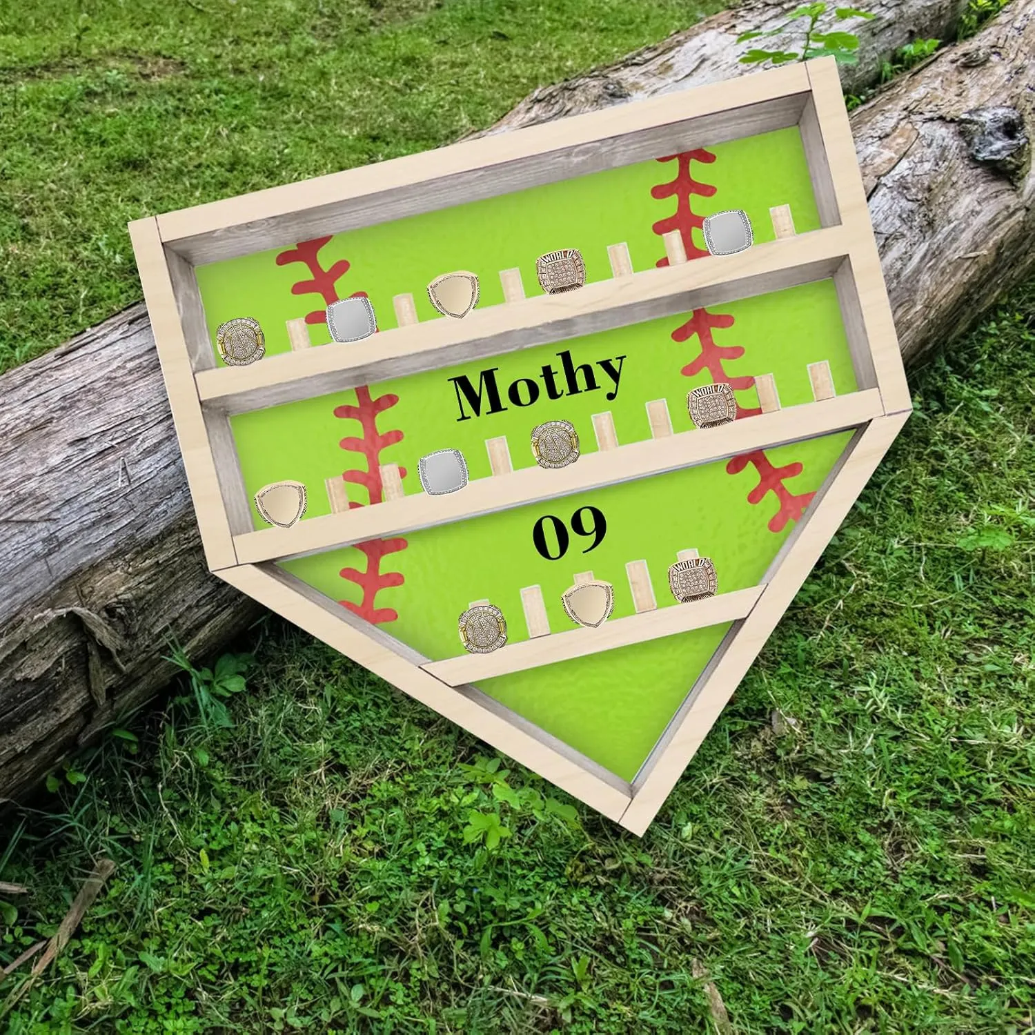 Personalized Ring Display Case Custom Name Number Baseball Softball Championship Ring Storage Stand, Wood Medal Wall Mount Display Holder for Trophy & Medal Gift Display Case for Men Dad