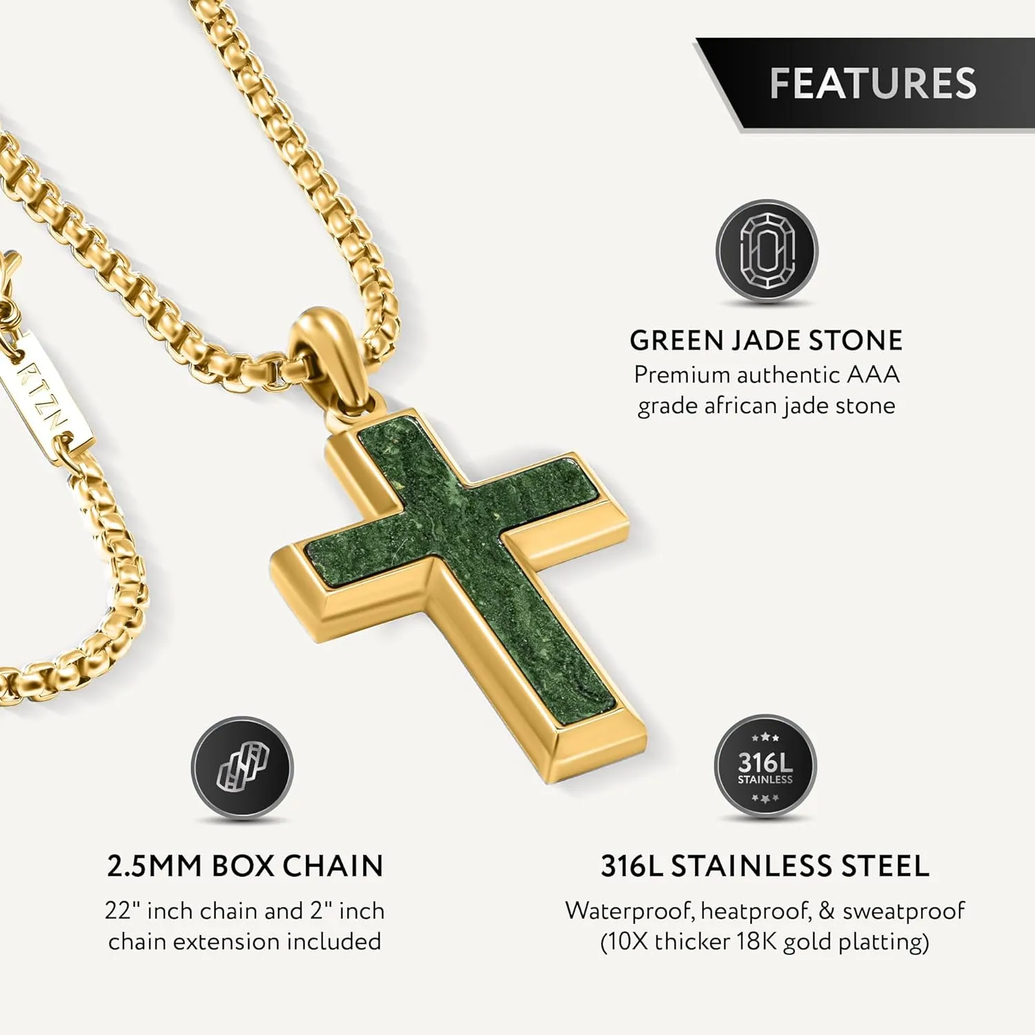 RTZN? Jade Cross Necklace for Men ?C Premium Mens Pendant Necklaces ?C Green Jade Cross Pendant for Men with Stainless Steel Chain 22" Inch 2" Extension ?C Luxurious 18K Gold Plated Mens Jewelry Necklace