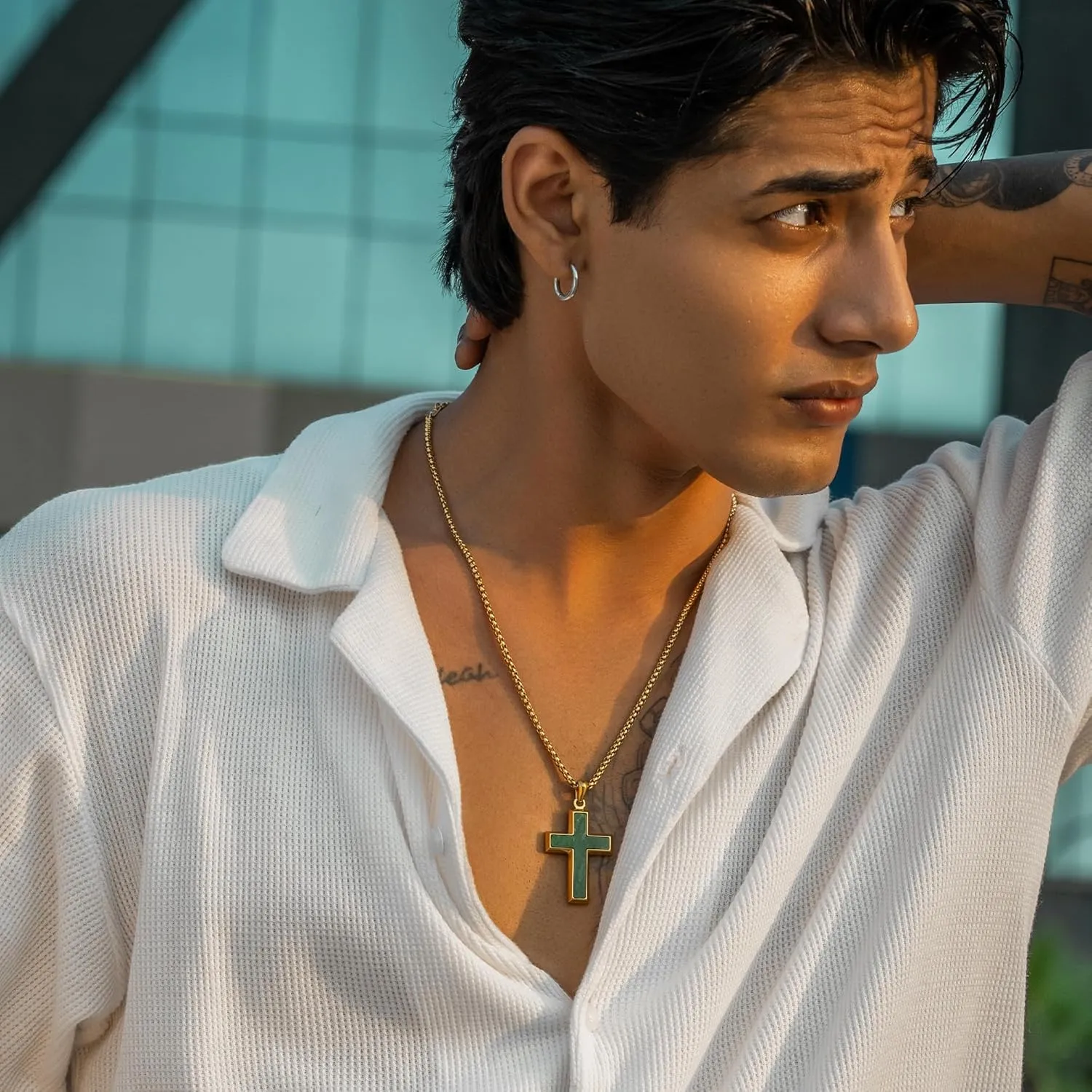 RTZN? Jade Cross Necklace for Men ?C Premium Mens Pendant Necklaces ?C Green Jade Cross Pendant for Men with Stainless Steel Chain 22" Inch 2" Extension ?C Luxurious 18K Gold Plated Mens Jewelry Necklace