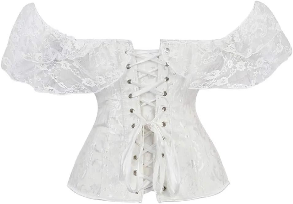 SHYMMUO Women Corset Top with Lace Sleeve Lace Up Sexy Bustier Lingerie Waist Trainer Costume Tops