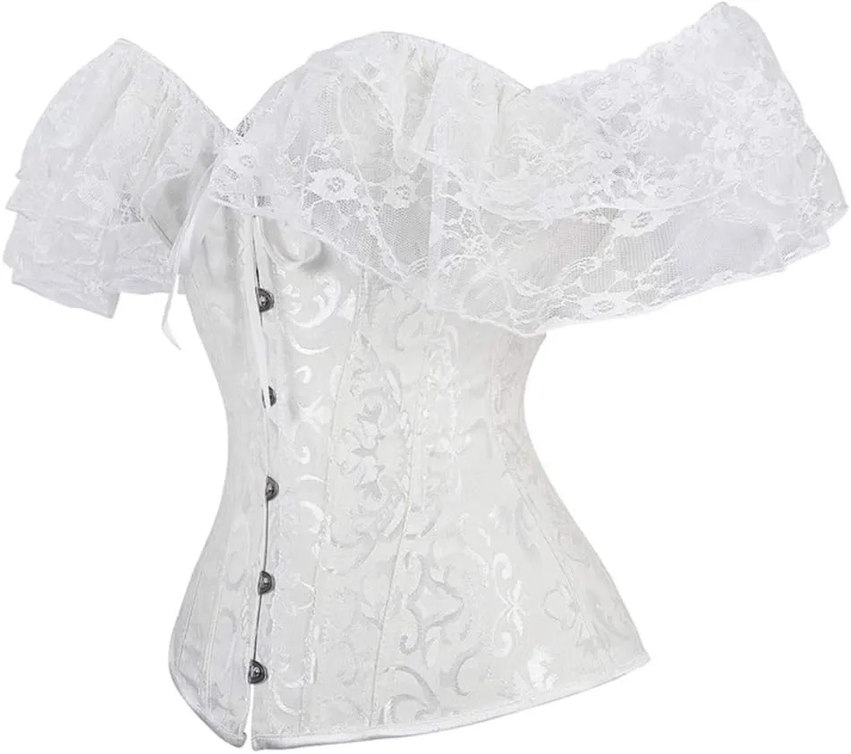 SHYMMUO Women Corset Top with Lace Sleeve Lace Up Sexy Bustier Lingerie Waist Trainer Costume Tops