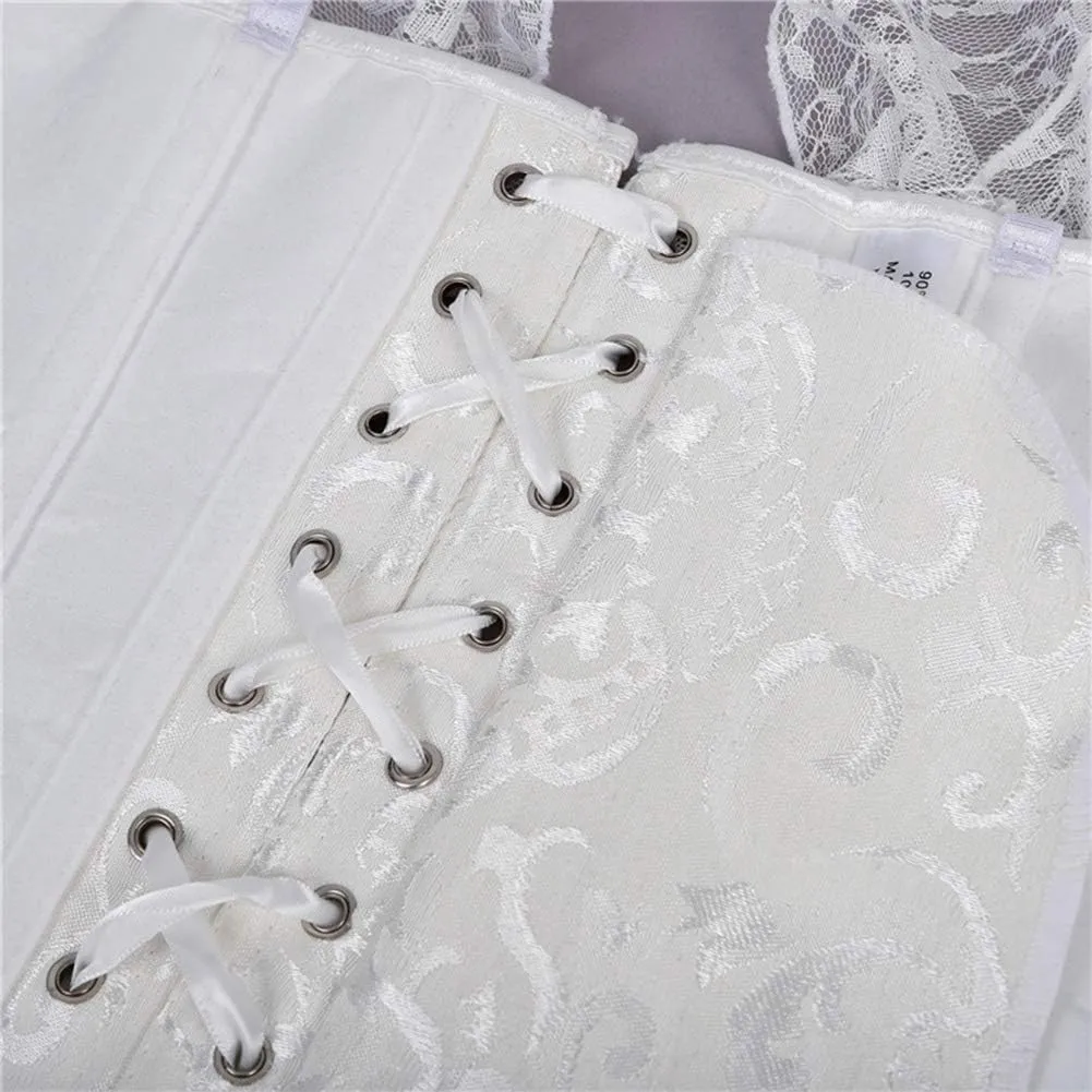 SHYMMUO Women Corset Top with Lace Sleeve Lace Up Sexy Bustier Lingerie Waist Trainer Costume Tops