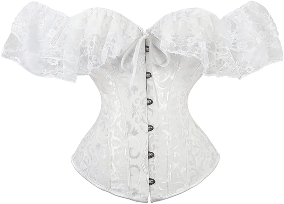 SHYMMUO Women Corset Top with Lace Sleeve Lace Up Sexy Bustier Lingerie Waist Trainer Costume Tops