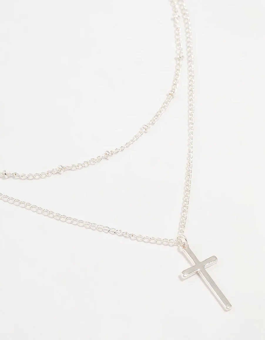 Silver Ball Chain Cross Layered Necklace