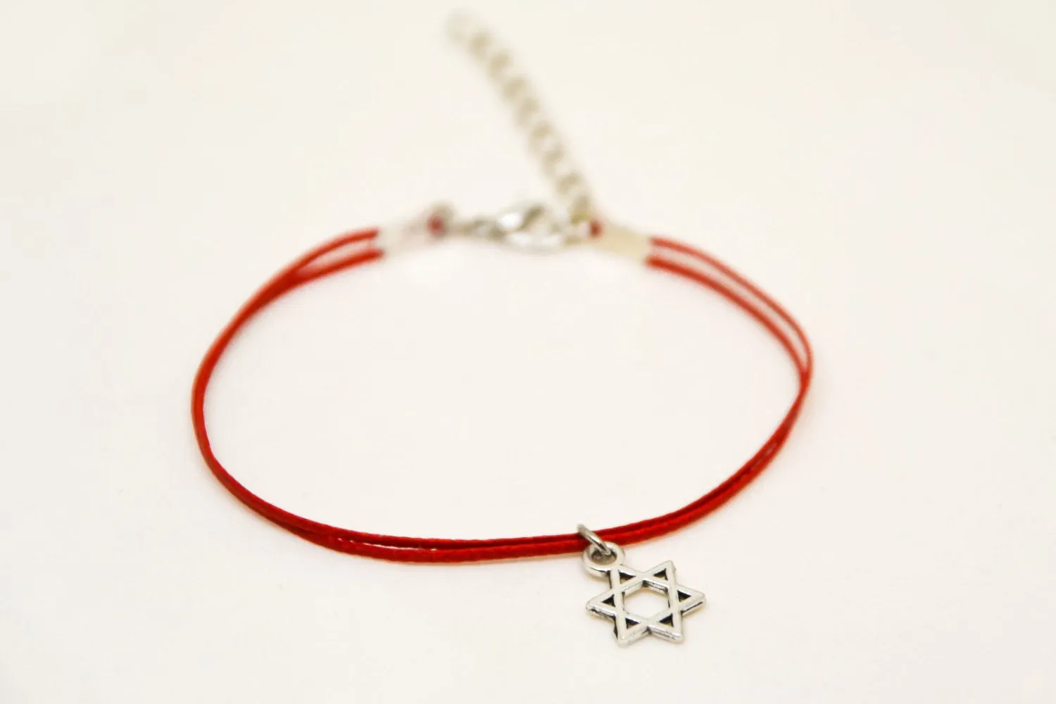 Silver Star of David bracelet, red cord, handmade gift for her