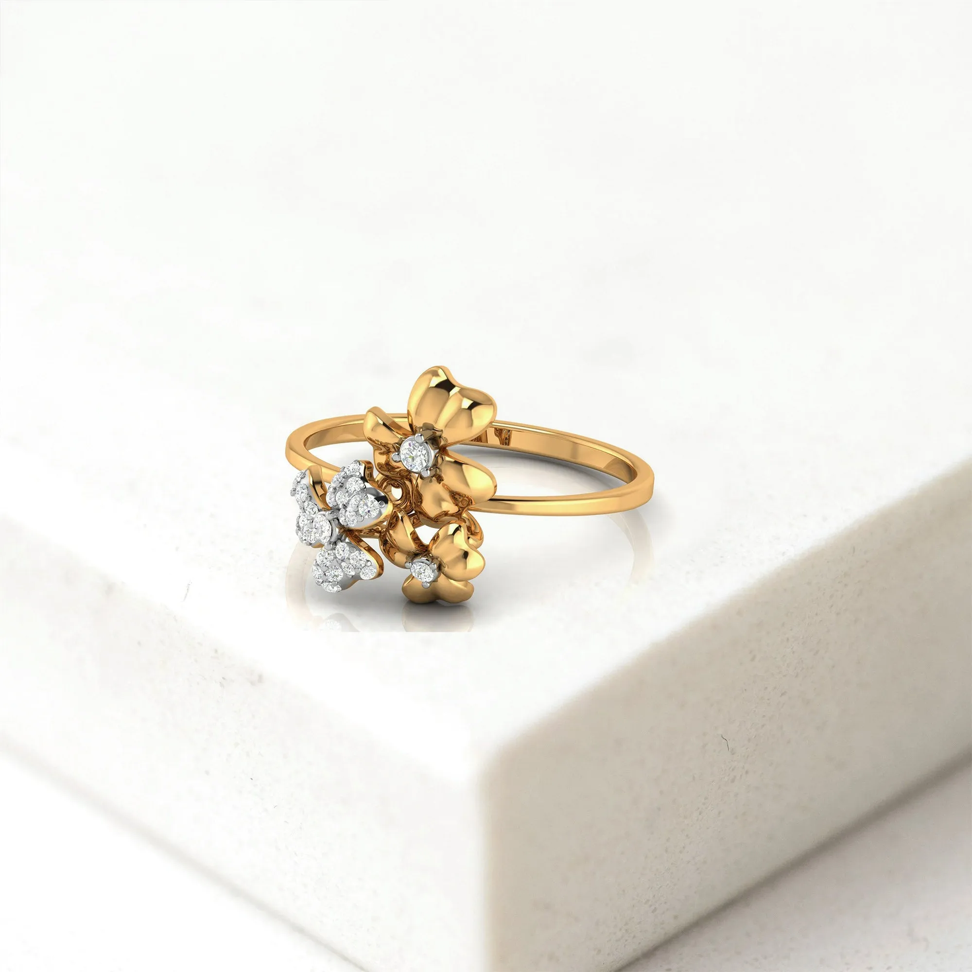 Silver Yellow Gold Adjustable Triple Flower Multi-Stone Diamond Sparkle Ring for Women