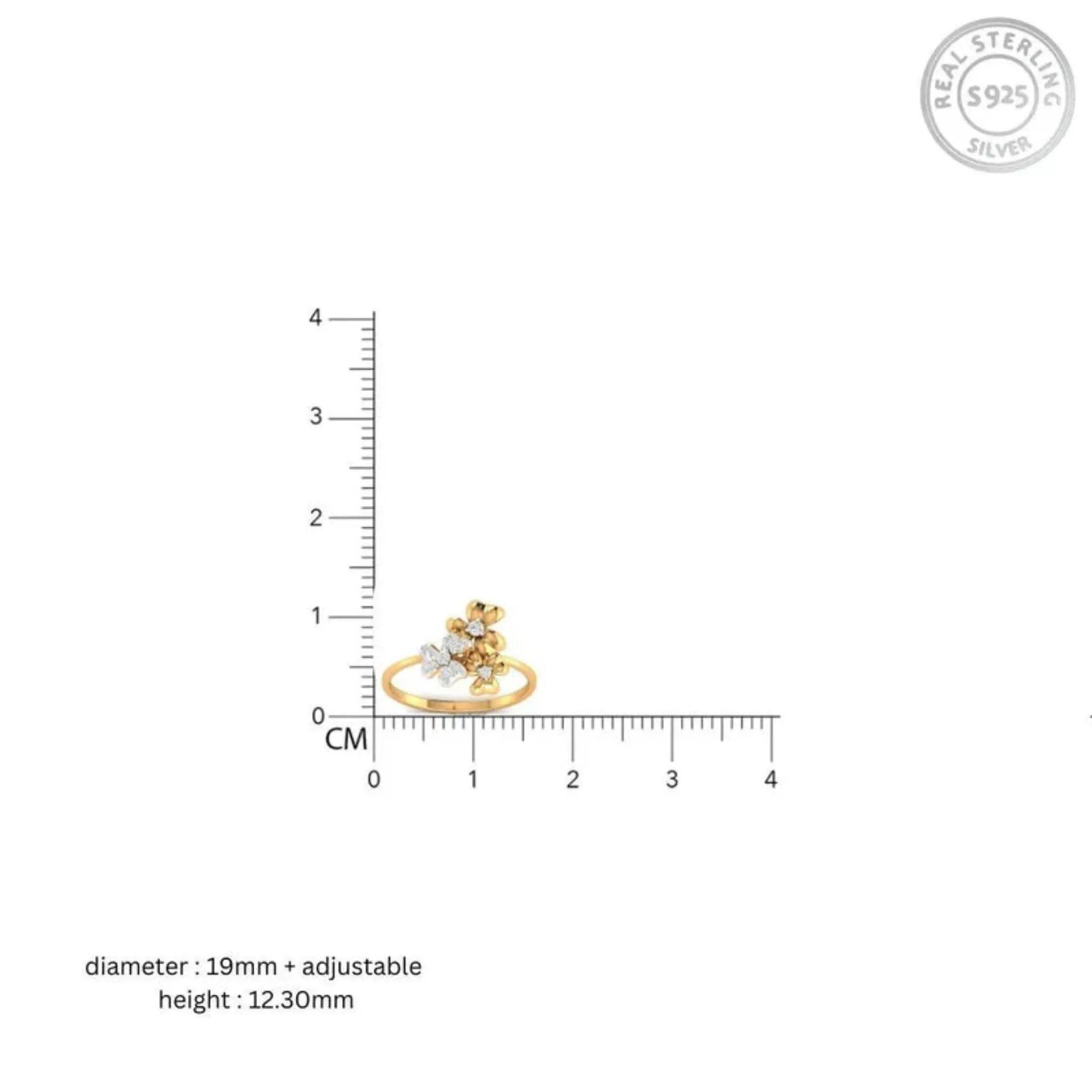 Silver Yellow Gold Adjustable Triple Flower Multi-Stone Diamond Sparkle Ring for Women