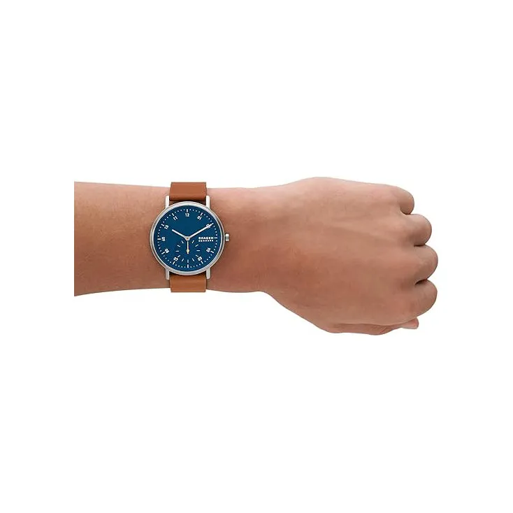 Skagen Kuppel Men's Blue Dial Brown Leather Band Analog Quartz Two-Hand Sub-Second Watch - SKW6888