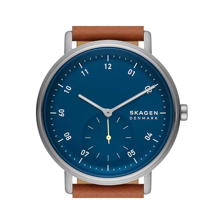 Skagen Kuppel Men's Blue Dial Brown Leather Band Analog Quartz Two-Hand Sub-Second Watch - SKW6888