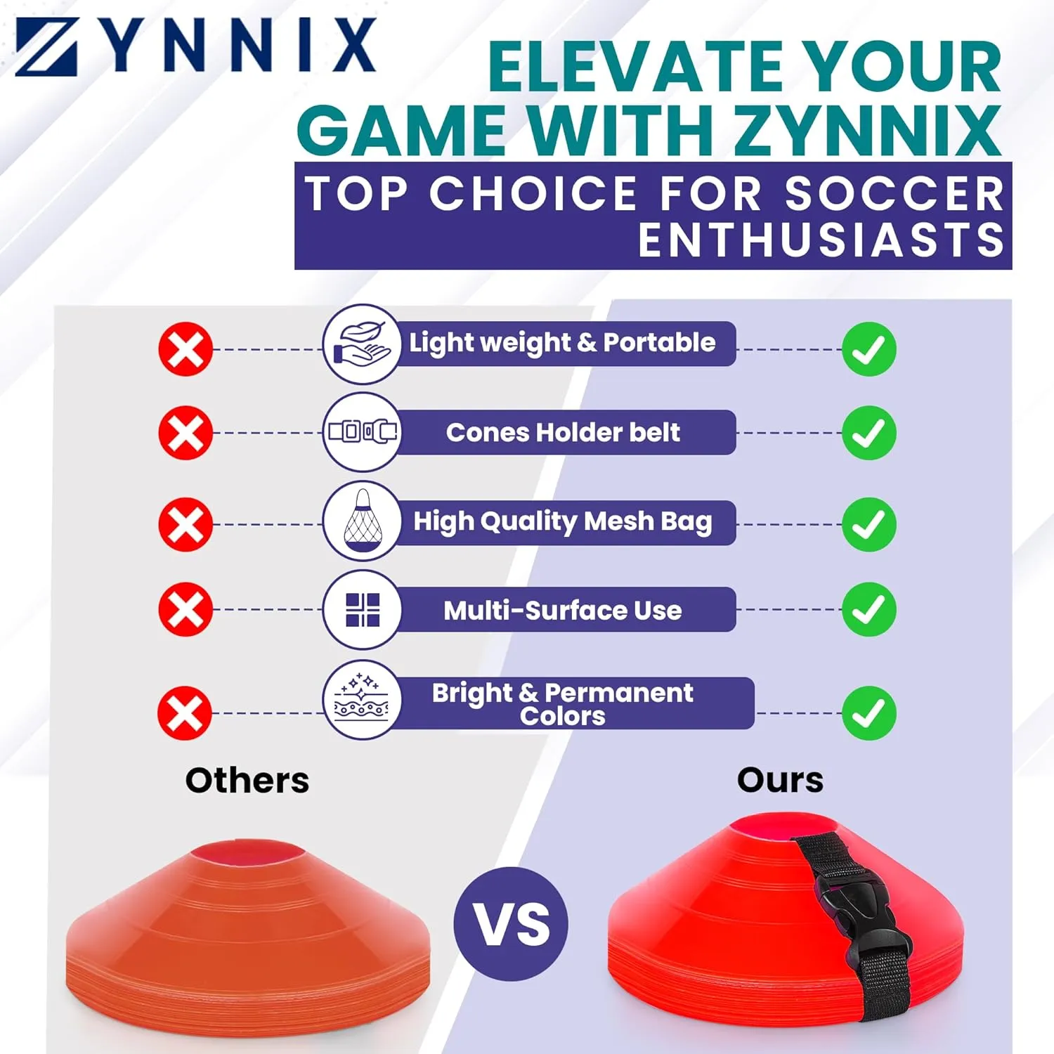 Soccer Cones (Set 40, 50) with Mesh Bag & Strap, Flexible Sports Cones for Soccer, Basketball, Football Training Equipment, Agility Training for Indoor & Outdoor Games