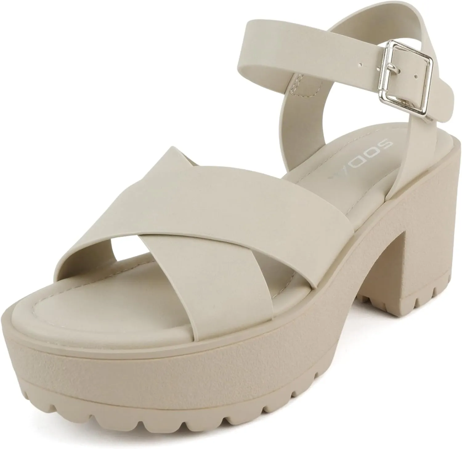 Soda Joey ~ Women Open Toe Criss Cross Strap Mid Heel Sandal with Adjustable Ankle Strap