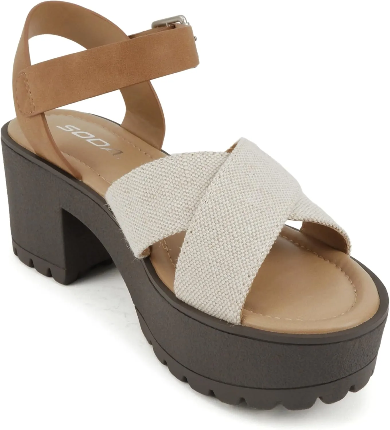 Soda Joey ~ Women Open Toe Criss Cross Strap Mid Heel Sandal with Adjustable Ankle Strap