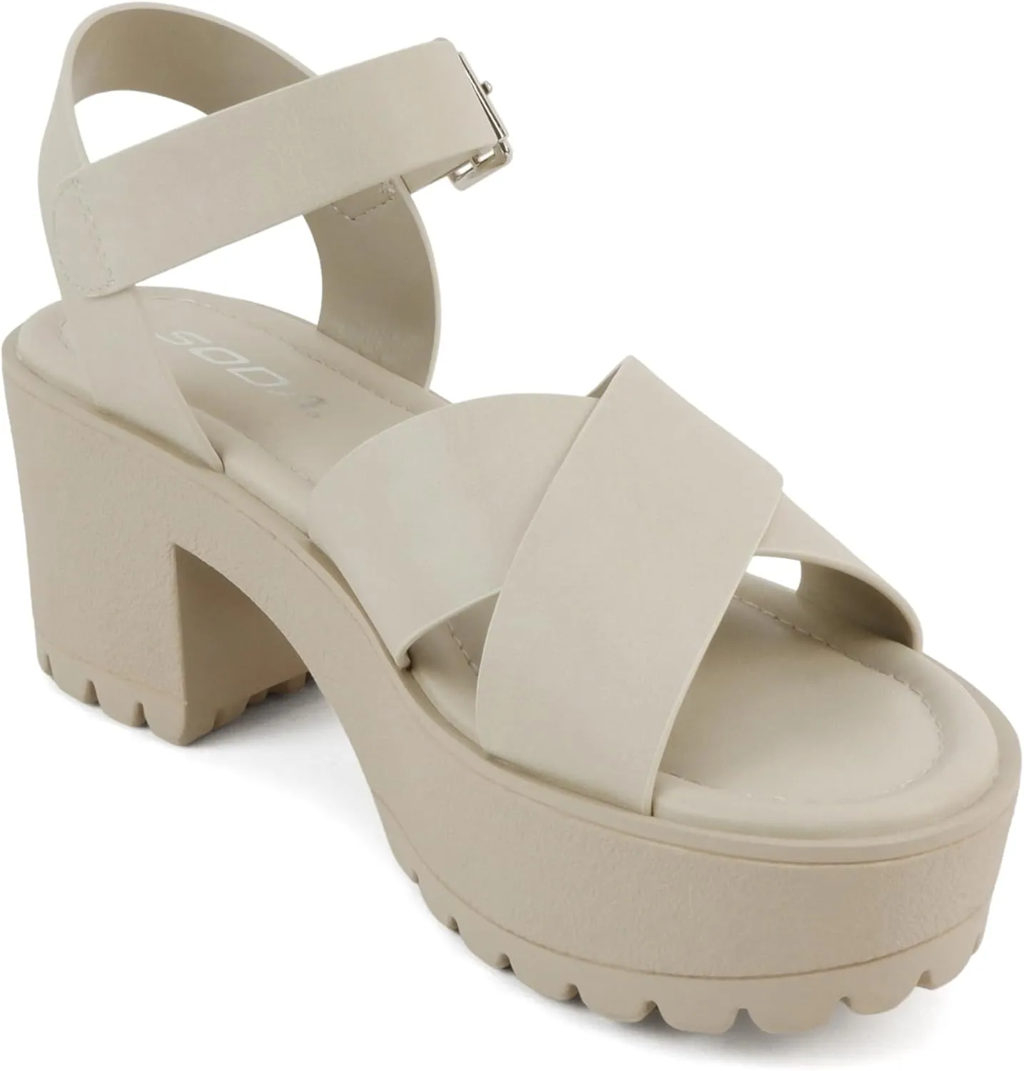 Soda Joey ~ Women Open Toe Criss Cross Strap Mid Heel Sandal with Adjustable Ankle Strap