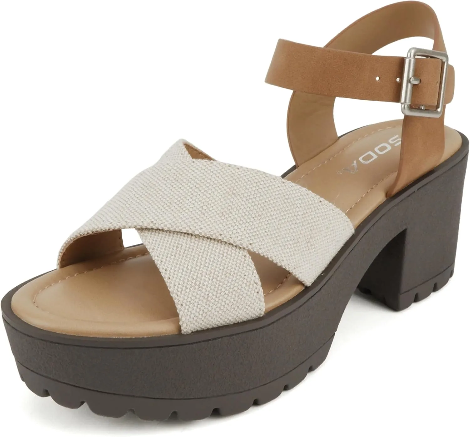 Soda Joey ~ Women Open Toe Criss Cross Strap Mid Heel Sandal with Adjustable Ankle Strap