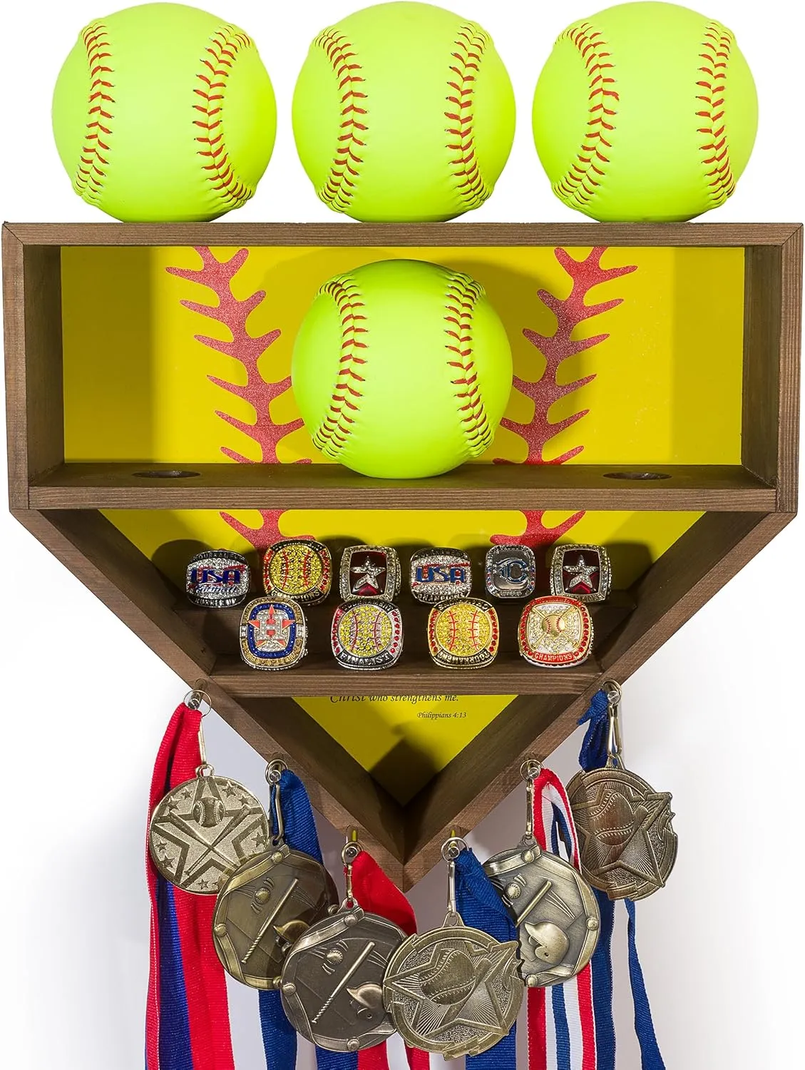 Softball Display Case - Wooden Softball Ball Display Case - Softball Wall Holder - Softball Display Holder for Medals - Ideal for Collection - Championship Ring Display Case - Homerun Display Case