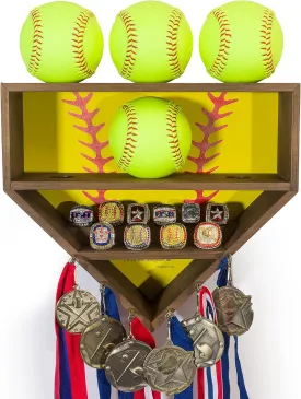 Softball Display Case - Wooden Softball Ball Display Case - Softball Wall Holder - Softball Display Holder for Medals - Ideal for Collection - Championship Ring Display Case - Homerun Display Case
