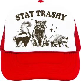 Stay Trashy Funny Raccoon Graphic Classic 5 Panel Mesh Snap Back Trucker Hat