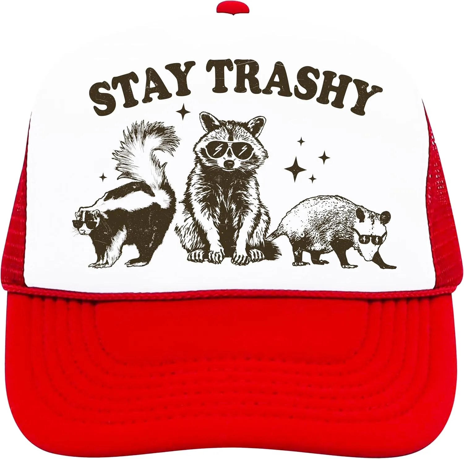 Stay Trashy Funny Raccoon Graphic Classic 5 Panel Mesh Snap Back Trucker Hat