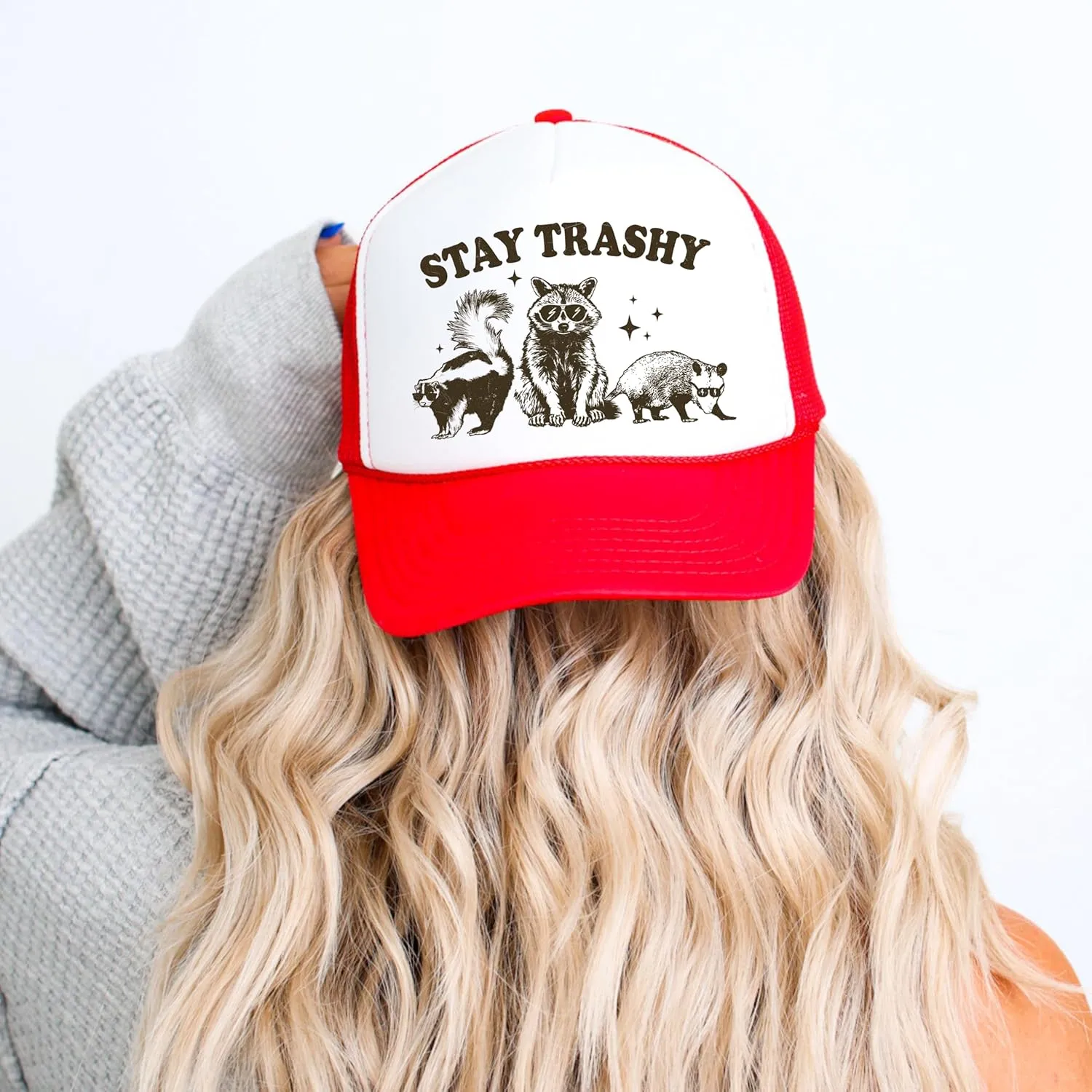 Stay Trashy Funny Raccoon Graphic Classic 5 Panel Mesh Snap Back Trucker Hat