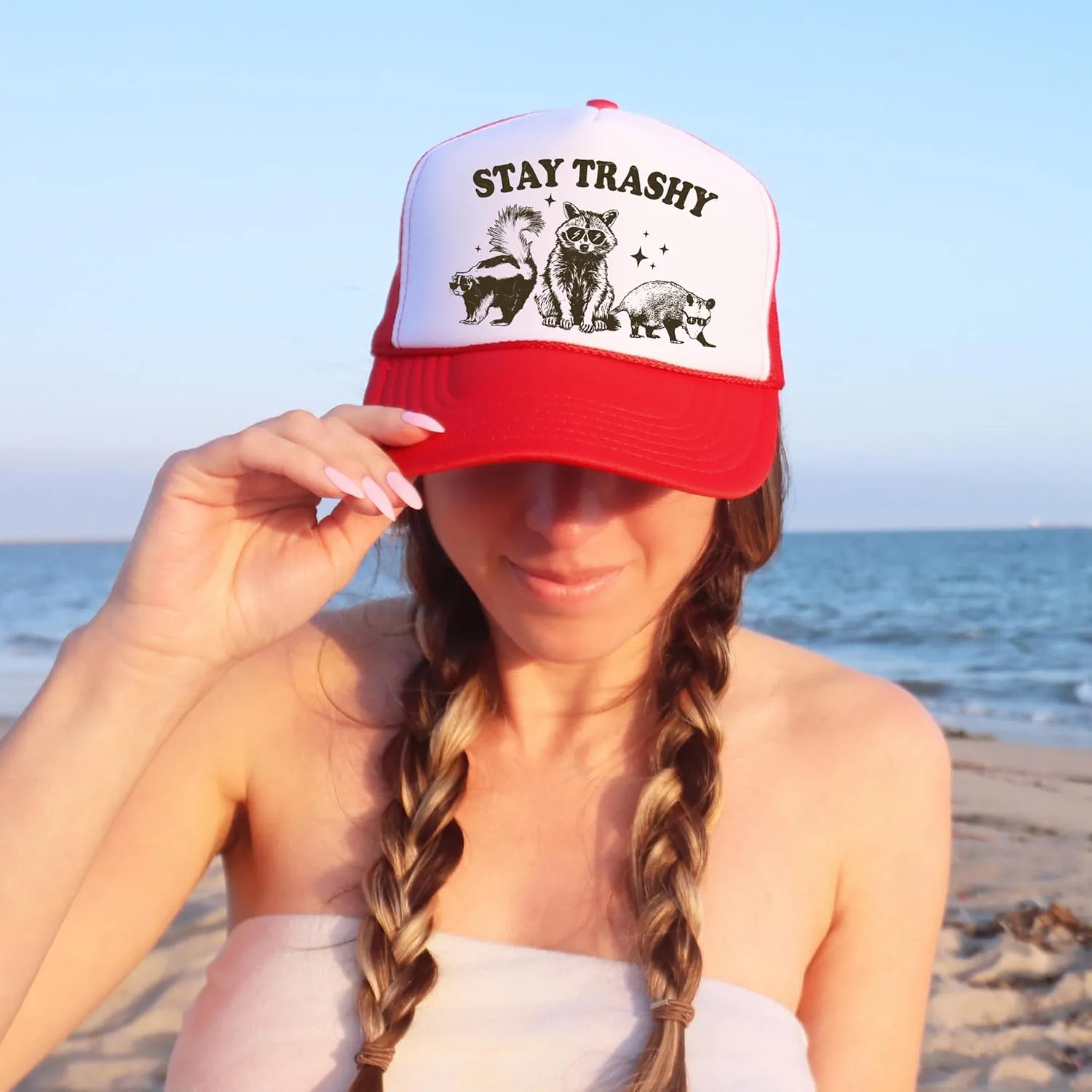 Stay Trashy Funny Raccoon Graphic Classic 5 Panel Mesh Snap Back Trucker Hat