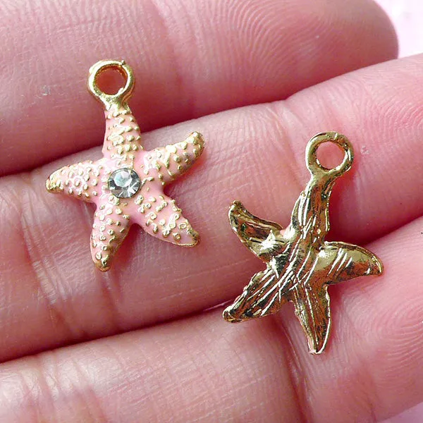 Tiny Starfish Charms Sea Star Enamel Charms w/ Clear Rhinestones (3pcs / 13mm x 17mm / Gold & Pink) Star Fish Seastar Add on Charm CHM1704