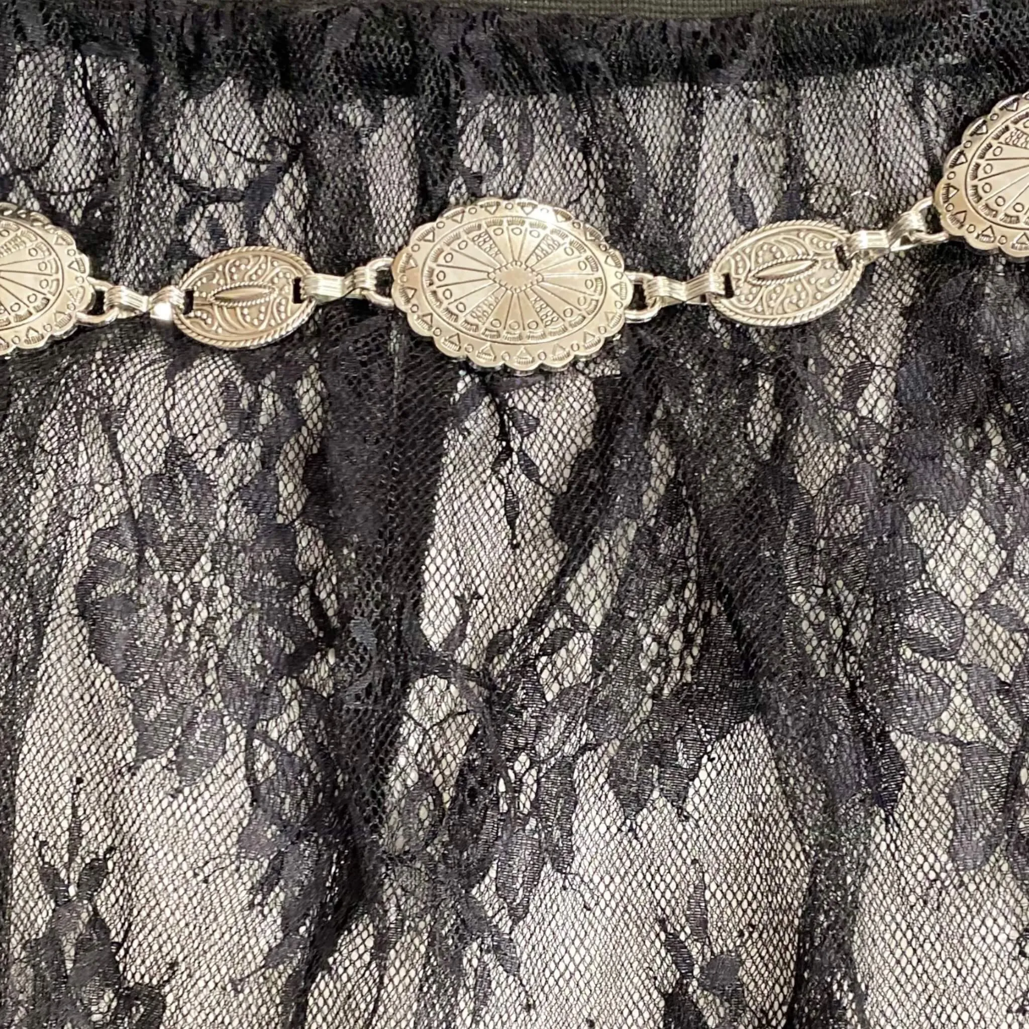 Vintage Silver Flower Tribal Oval Link Chain Belt