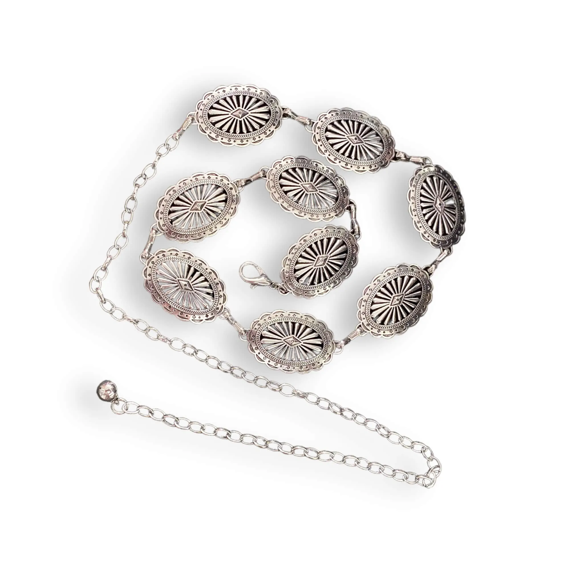 Vintage Silver Flower Tribal Oval Link Chain Belt