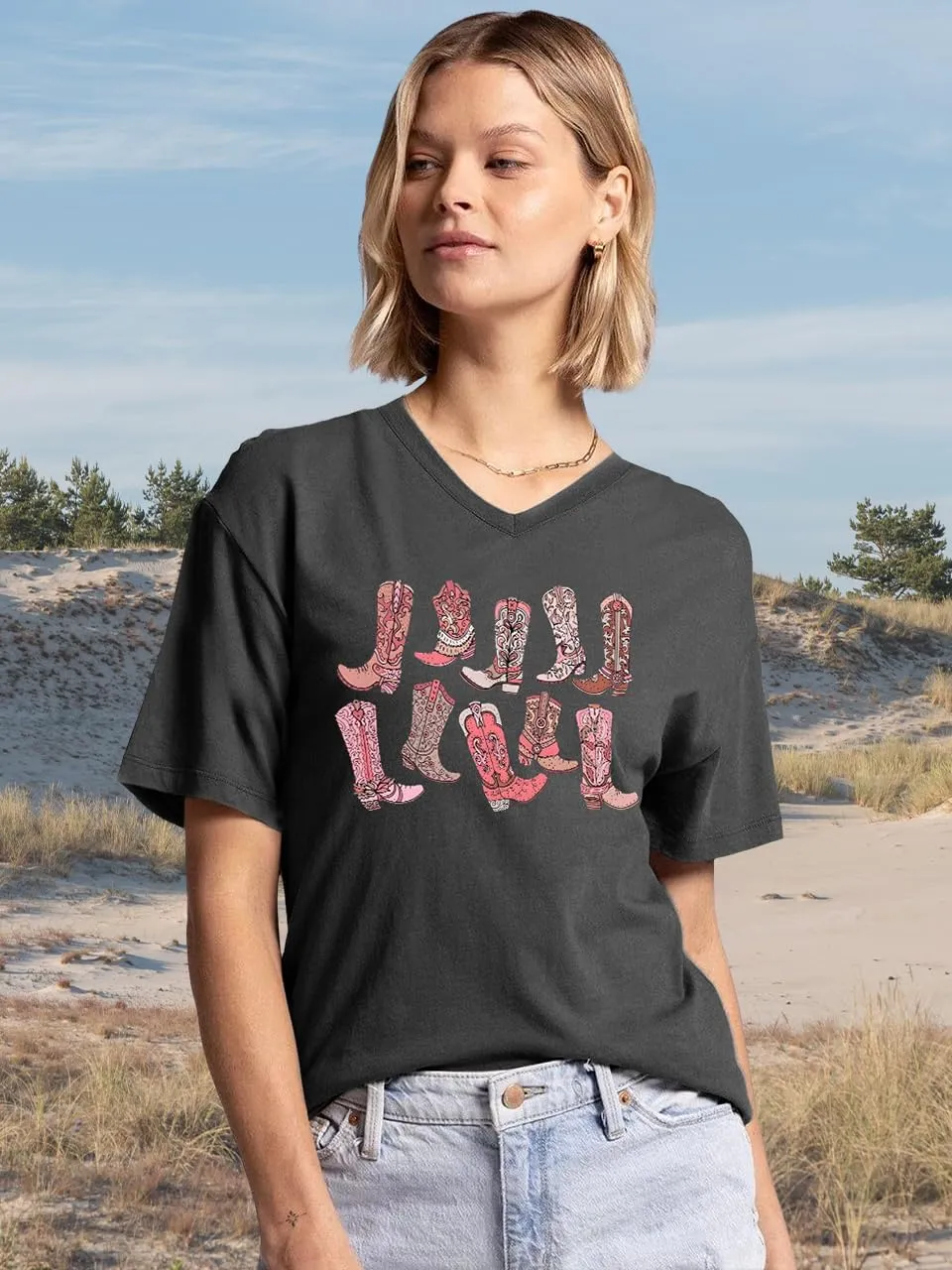 Women V Neck Sunflower Graphic Shirt Cute Dandelion Teen Girls Tee Tops Short Sleeve Cowgirls Casual T Shirts