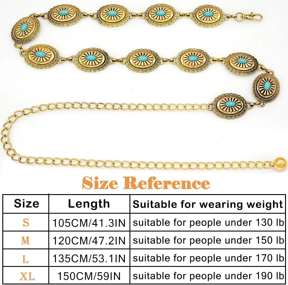 Women's Concho Chain Belt Western Cowgirl Metal Waist Chain Belt for Dress