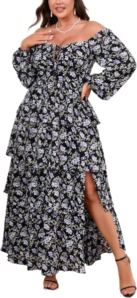 Womens Plus Size Floral Tiered Ruffle Long Sleeve Evening Party Wedding Guest Dress