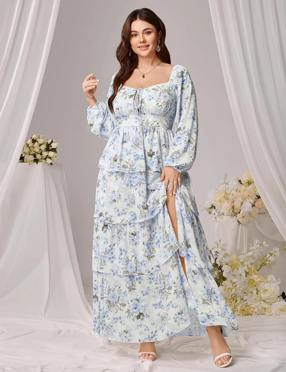 Womens Plus Size Floral Tiered Ruffle Long Sleeve Evening Party Wedding Guest Dress