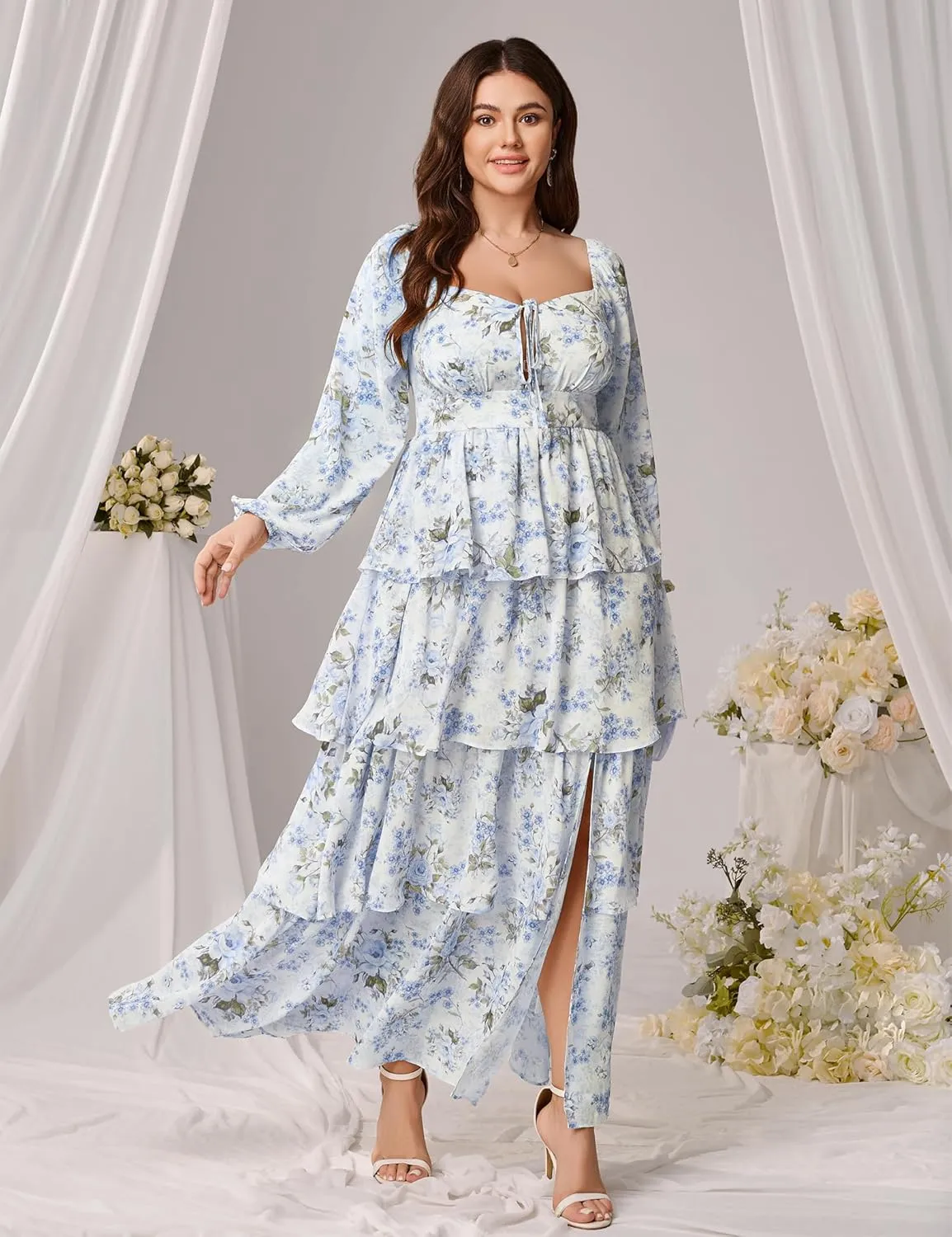 Womens Plus Size Floral Tiered Ruffle Long Sleeve Evening Party Wedding Guest Dress