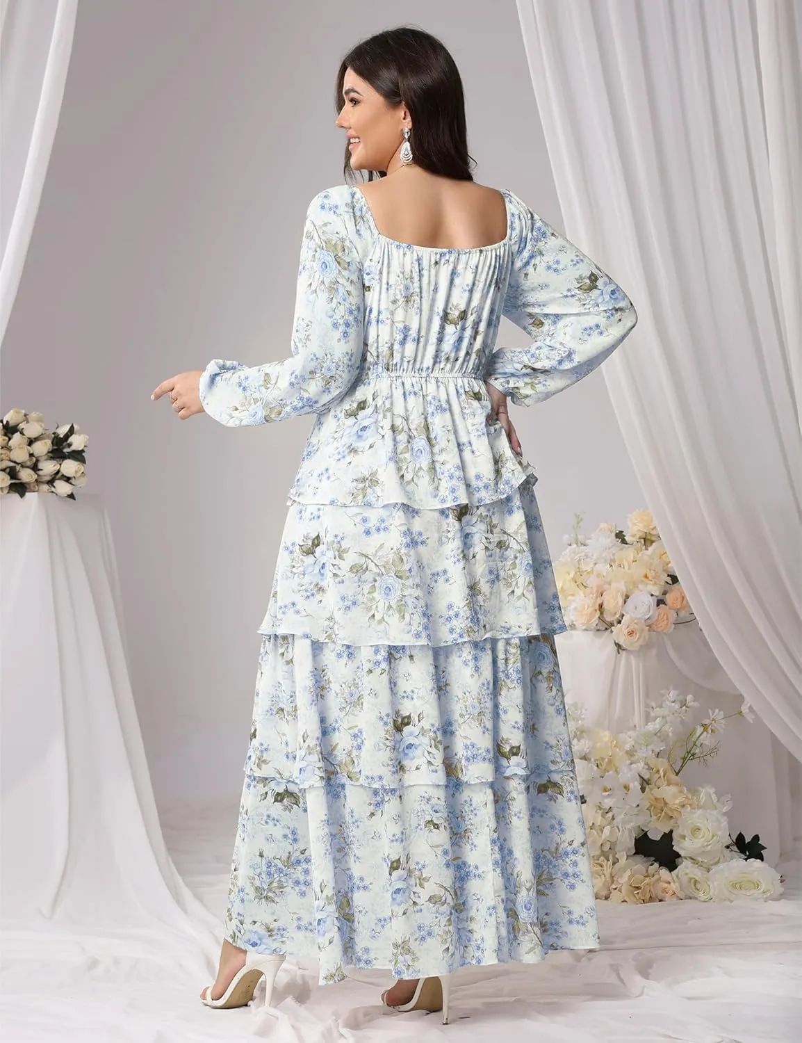 Womens Plus Size Floral Tiered Ruffle Long Sleeve Evening Party Wedding Guest Dress
