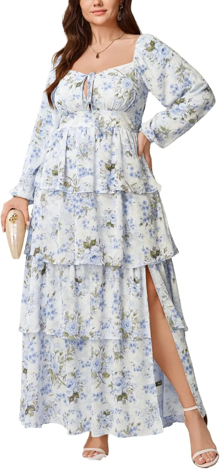 Womens Plus Size Floral Tiered Ruffle Long Sleeve Evening Party Wedding Guest Dress